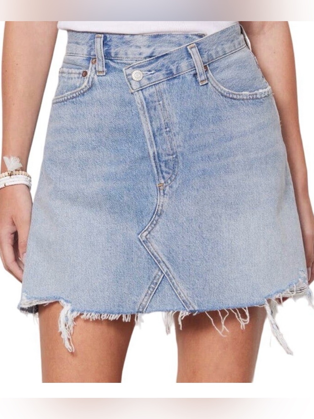 Agolde Criss Cross Frayed Hem Light Blue Denim Mini Skirt